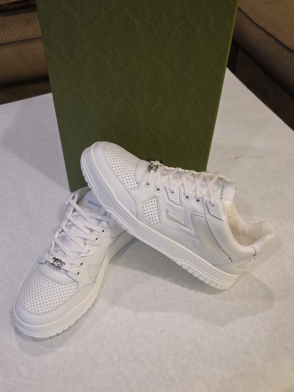 Gucci Men's White Leather Low-Top Sneakers with Silver Hardware